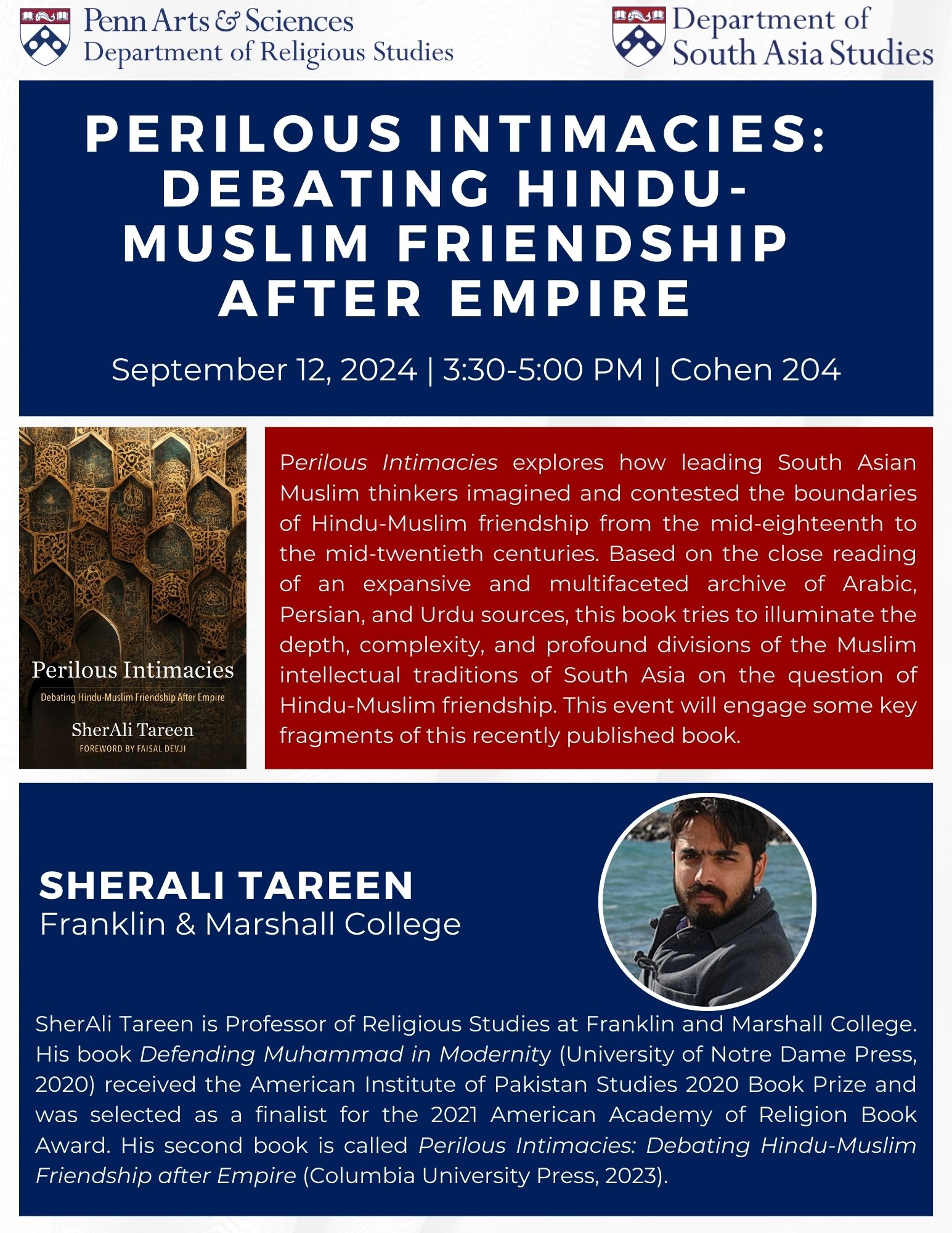 Poster for SherAli Tareen's talk "Perilous Intimacies"